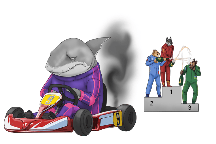 The shark's go-kart came last after the engine broke, so all the champagne was for us (cartilaginous).